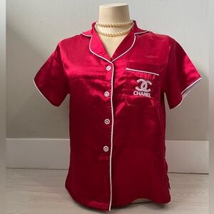 CHANEL Red Satin Short Sleeve Pajama Shirt with White Piping